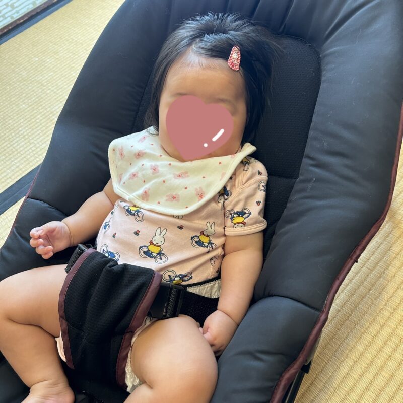 木曽路で貸してもらったバウンサーに乗るはぴまるちゃん